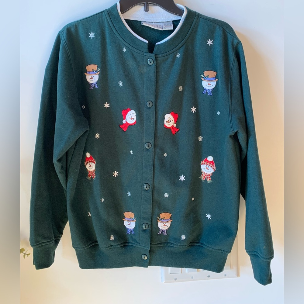 Women’s Hasting & Smith Dk Green Button Down Holiday Snowman Sweatshirt Small